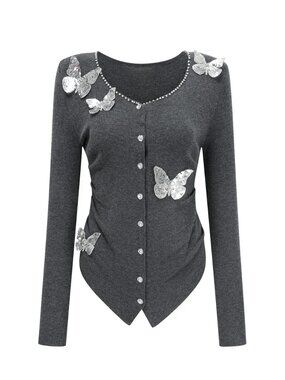 NWT Beulah Style 3D Butterfly Sequin Cardigan Grey Rhinestone M/L Org $133